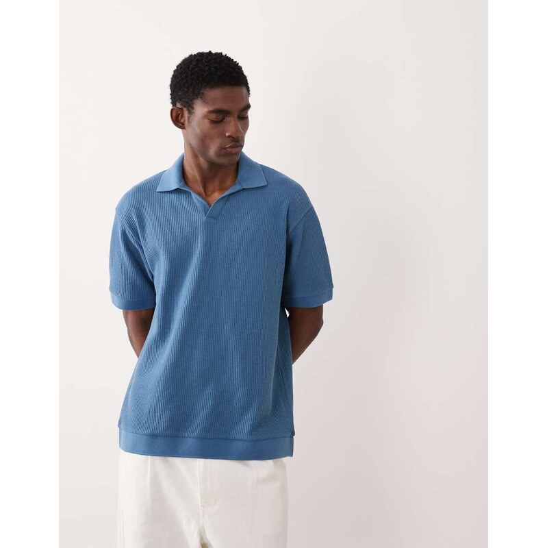ASOS DESIGN super heavyweight relaxed polo in mid blue waffle
