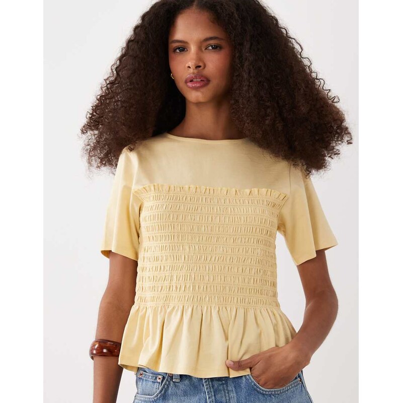 ASOS DESIGN shirred waist detail tee in buttermilk-Yellow
