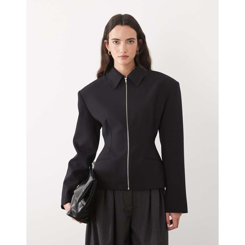 ASOS DESIGN tailored cinch waist zip through jacket in black 114956551