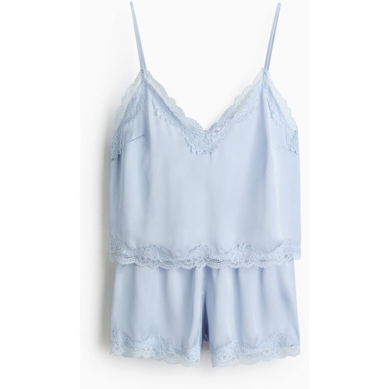 H&M - Saténové pyžamos krajkovými lemy - modrá 114899704