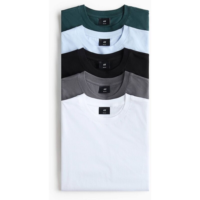 H&M - Tričko Regular Fit 5 kusů - Tmavá Zelenomodrá/Bleděmodrá