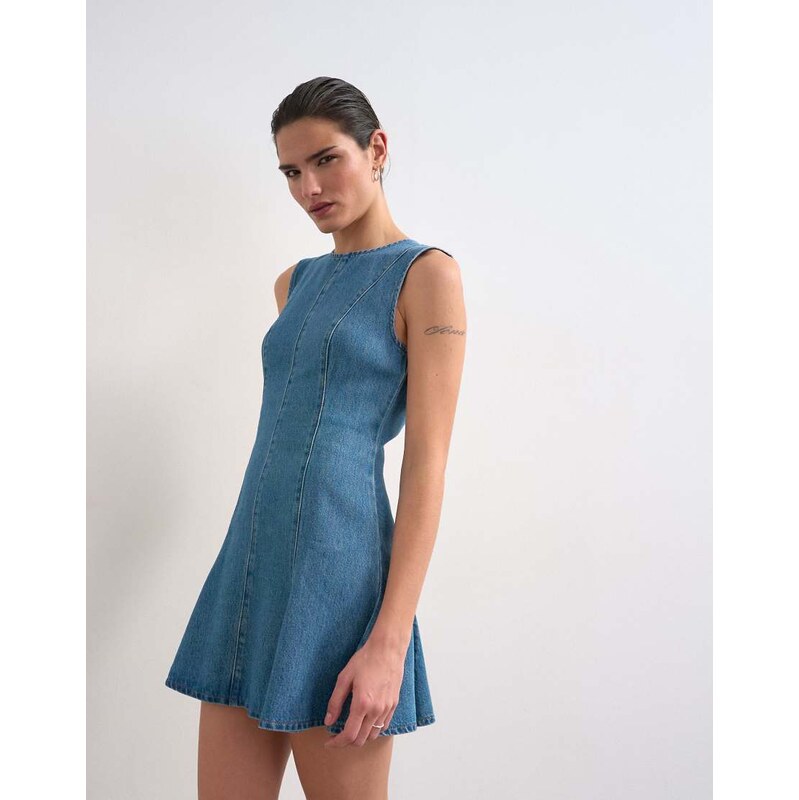 Topshop denim seamed flippy mini dress in mid blue