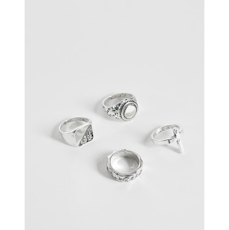 ASOS DESIGN 4 pack engraved detail and cross ring in burnished silver 114969541