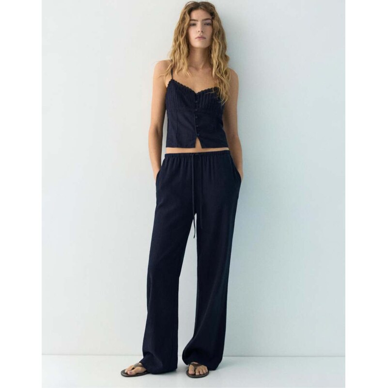 Pull&Bear Flowing viscose linen blend trousers in navy