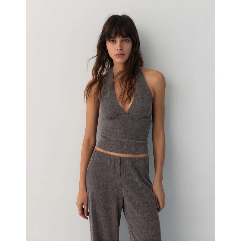 Pull&Bear Crepe halter neck top in brown