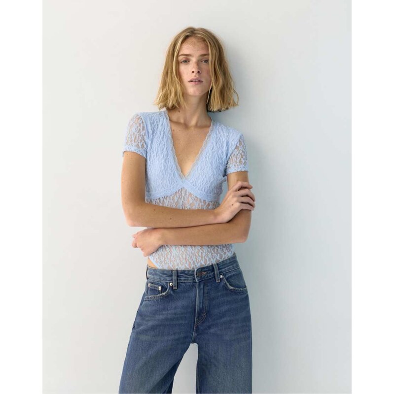 Pull&Bear Short sleeve lace bodysuit in sky blue 114900463