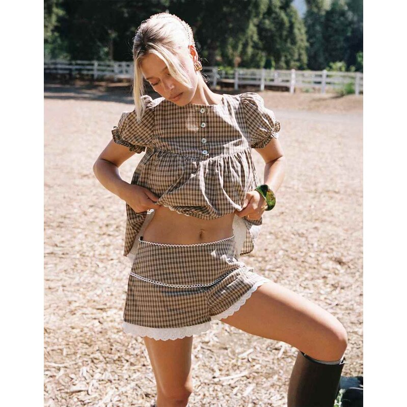 Princess Polly lace trim shorts co-ord in brown check