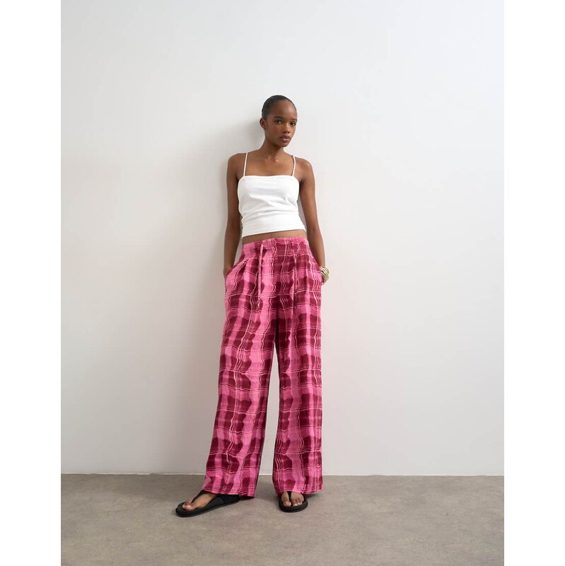 Topshop linen balloon trouser with tie waist in pink check