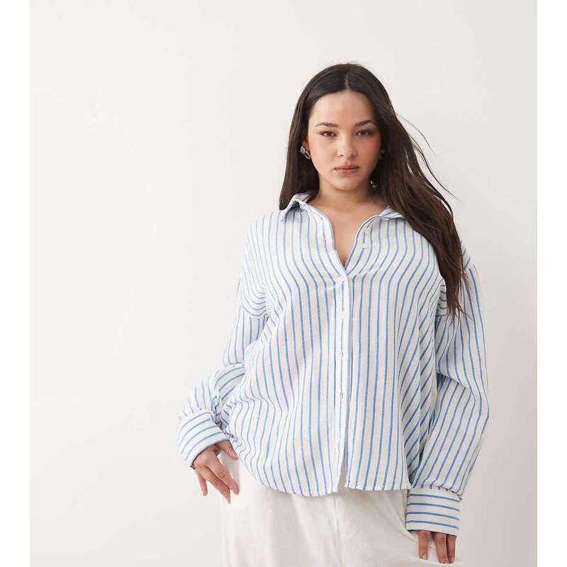 ASOS Curve ASOS DESIGN Curve linen blend shirt in blue stripe-Multi 115051766