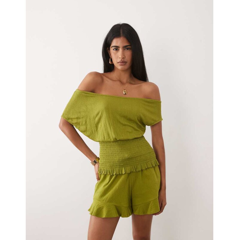ASOS DESIGN mix & match crinkle shirred off shoulder top in