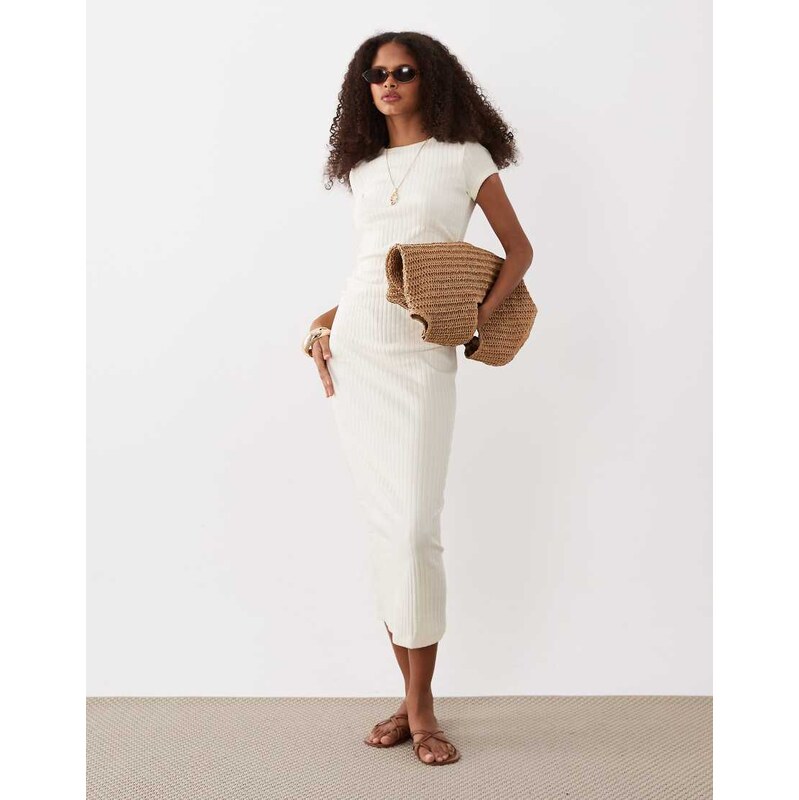 ASOS DESIGN ribbed cap sleeve ruched midi dress in cream-Neutral