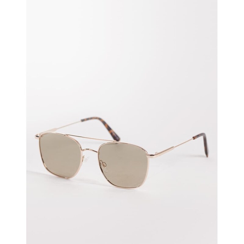 ASOS DESIGN metal aviator sunglasses in gold frame with brown