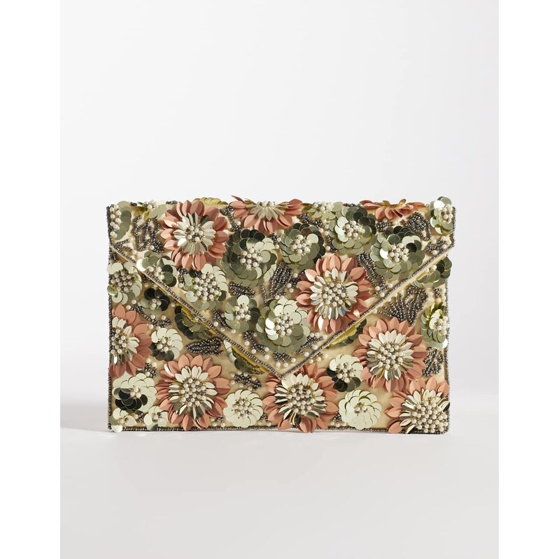 True Decadence 3D flower embellished clutch bag in green and pink 114909779