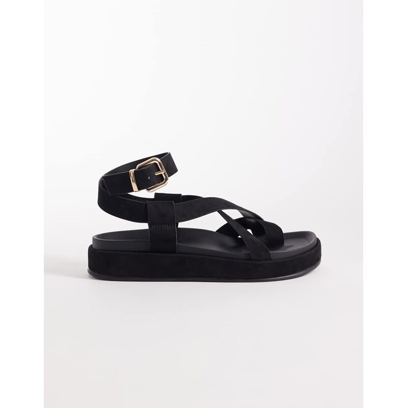 ASOS DESIGN Faye cross strap footbed sandal in black suedette