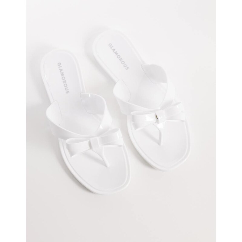 Glamorous jelly flip flops with bow in white