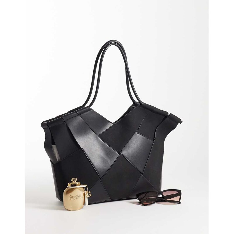 ASOS DESIGN faux suede and faux leather mix weave tote bag in