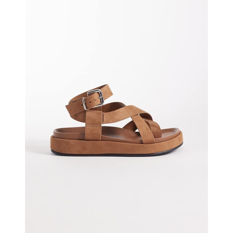 ASOS DESIGN Faye cross strap footbed sandal in taupe suedette