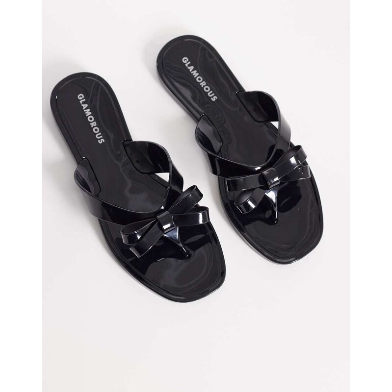 Glamorous jelly flip flops with bow in black