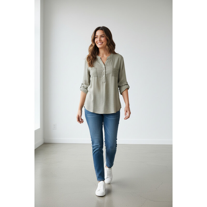 Allen dámská móda Košile khaki s dlouhým rukávem velikost M/L 114797953