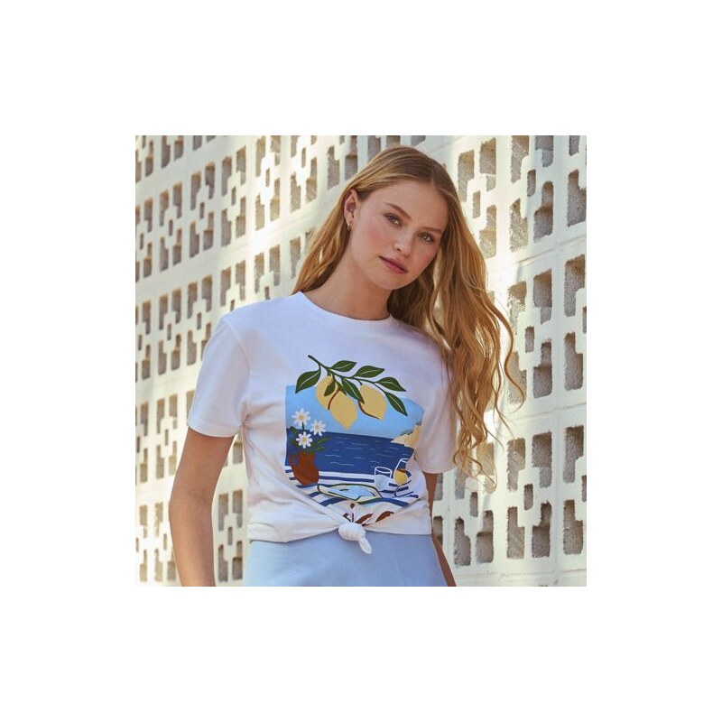 Cotton Crew Neck Graphic Tee, Women, size: S, regular, Yellow,