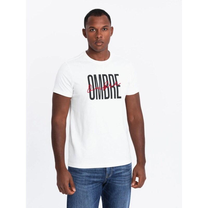 Ombre Clothing Bílé bavlněné tričko s nápisem OMBRE V1 S2041