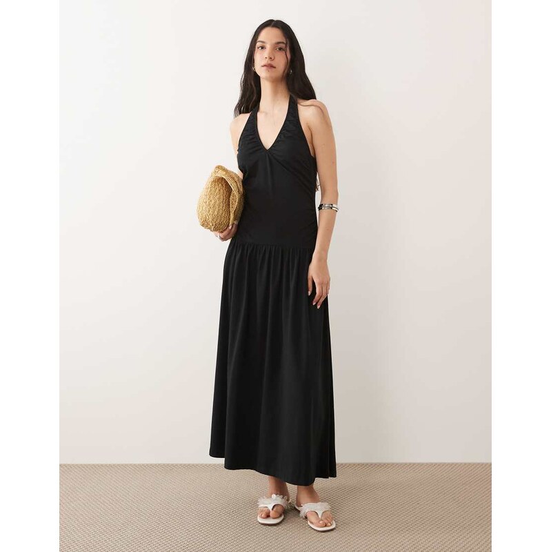 ASOS DESIGN ruched halter neck dropped waist maxi dress in black