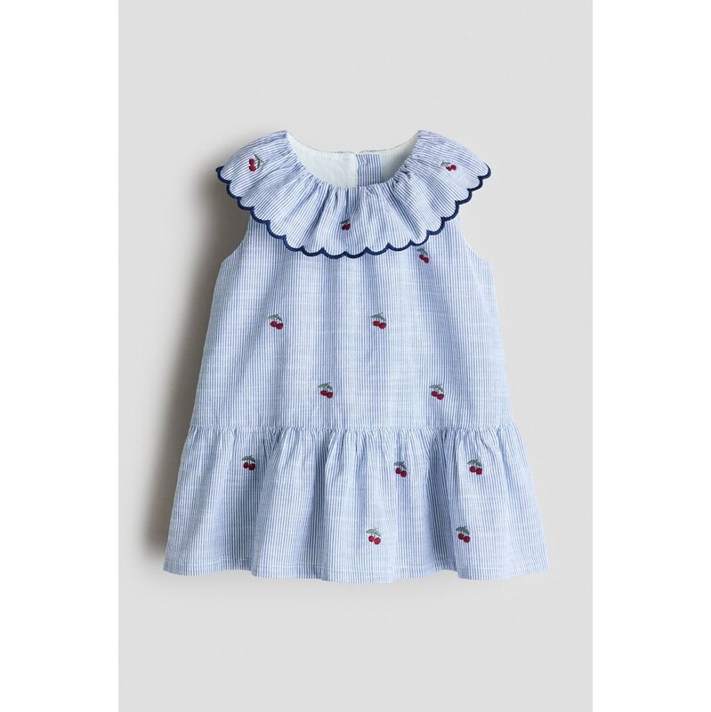 H&M - Šatys výšivkami - Modré Proužky/Třešně