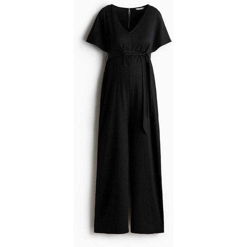 H&M - MAMA Short-sleeved tie-belt jumpsuit - černá 114926143