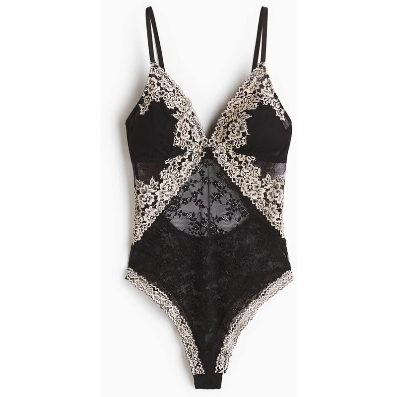 H&M - Krajkové bodys vyztuženými košíčky - černá 114926232