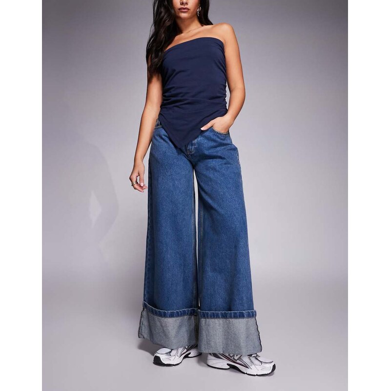 Courtside oversized denim jeans in midwash blue with turn up hem 114927549