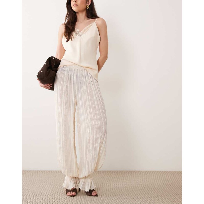 ASOS LUXE ruffle boho hareem pants with cuff detail in cream-White 114927682