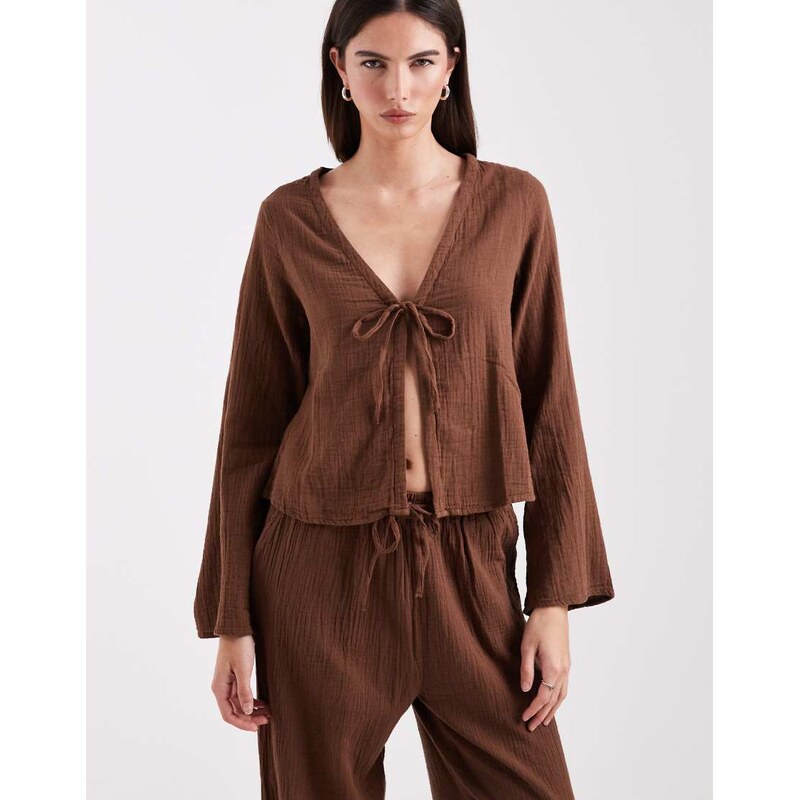 ONLY tie front long sleeve cheesecloth top co-ord in brown