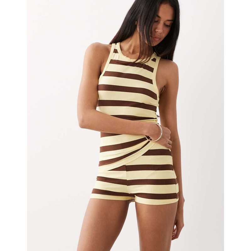 Kaiia super soft jersey tank top co-ord in lemon and chocolate