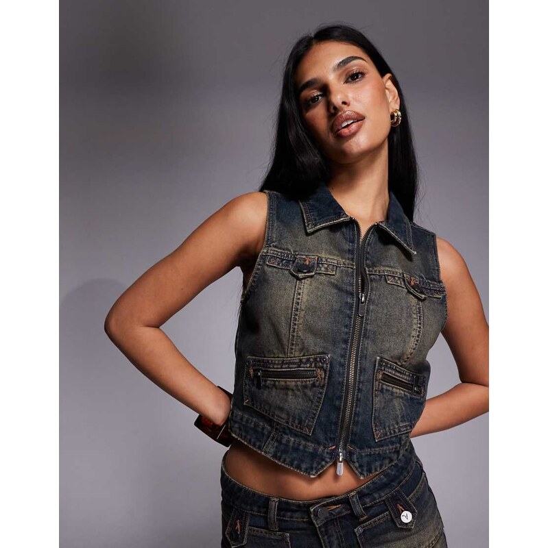 Abrand Jeans denim zip up waistcoat co-ord in acid wash-Blue 114927809