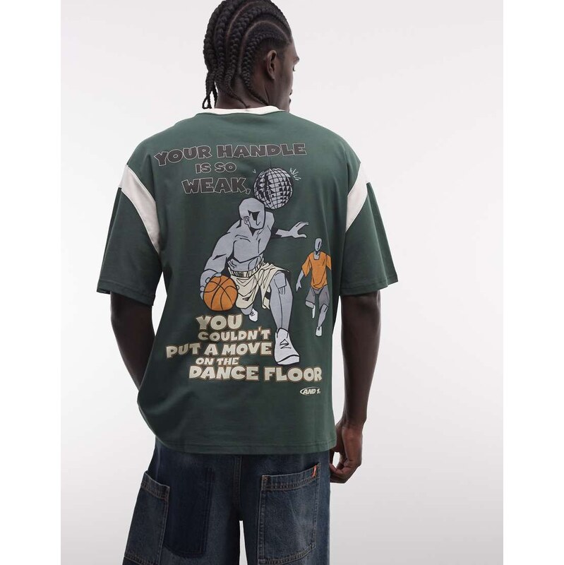 AND1 logo oversized t-shirt with basketball back print in dark green 114927814