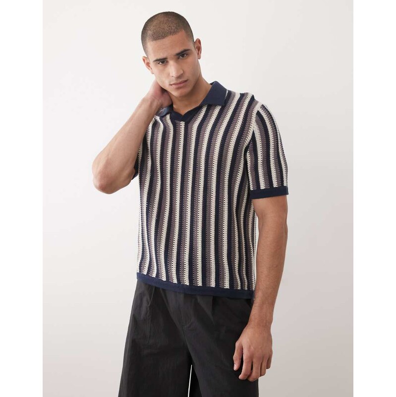 ONLY & SONS relaxed fit split neck knit polo in beige and blue