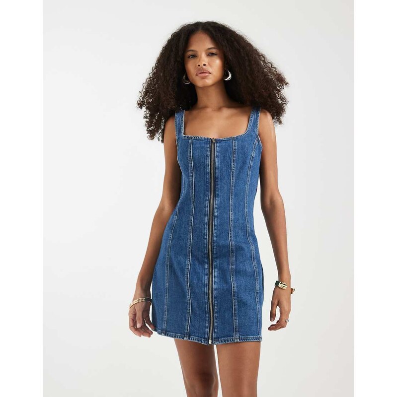 Levis seamed zip denim mini dress in dark wash blue
