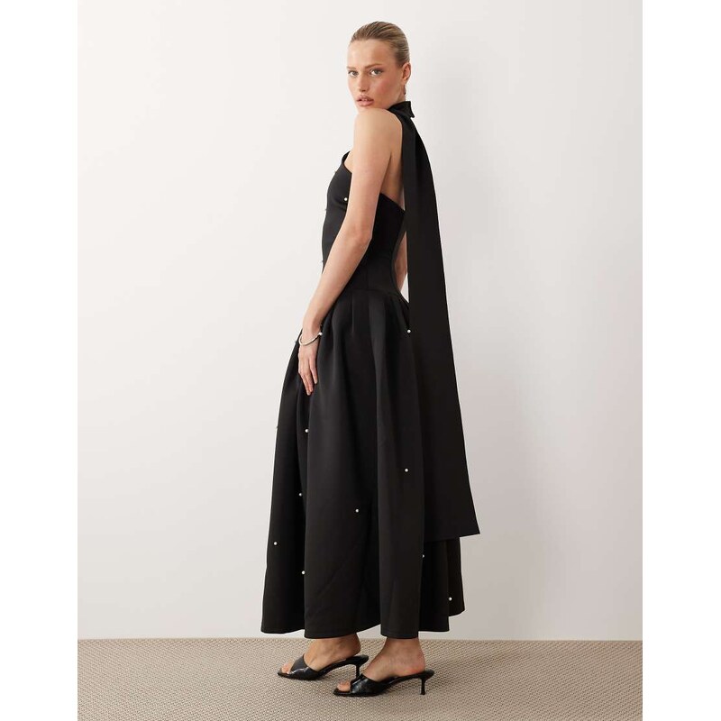 ASOS DESIGN Premium pearl embellished maxi dress with scarf detail in black scuba-style fabric