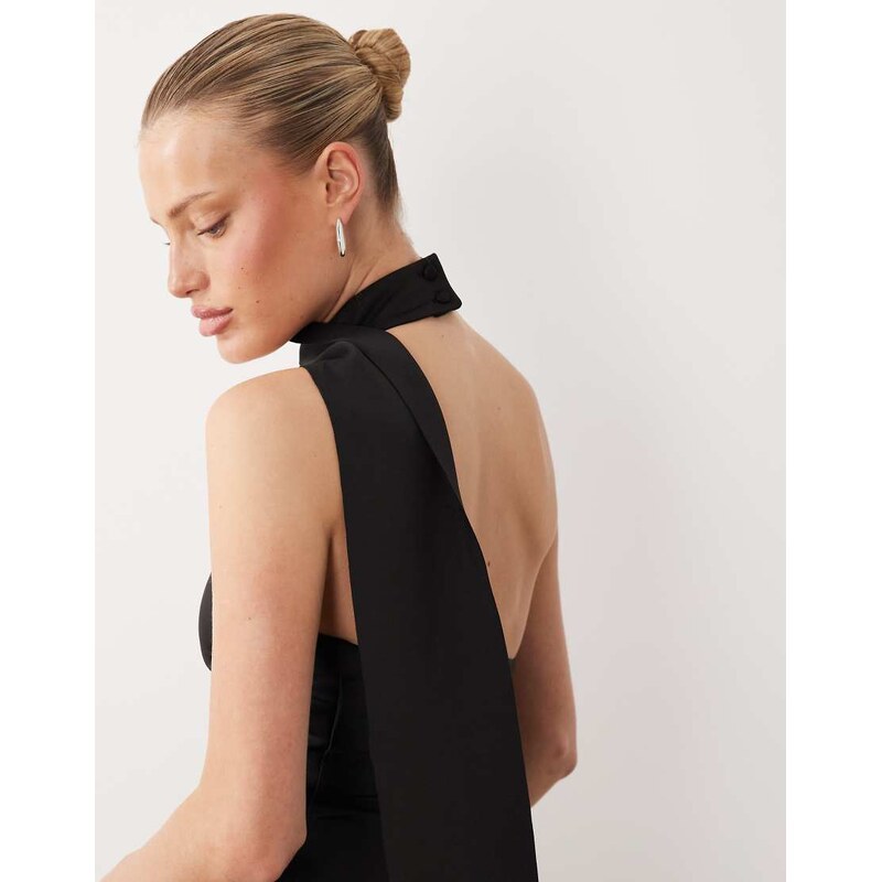 ASOS DESIGN Premium pearl embellished maxi dress with scarf detail in black scuba-style fabric