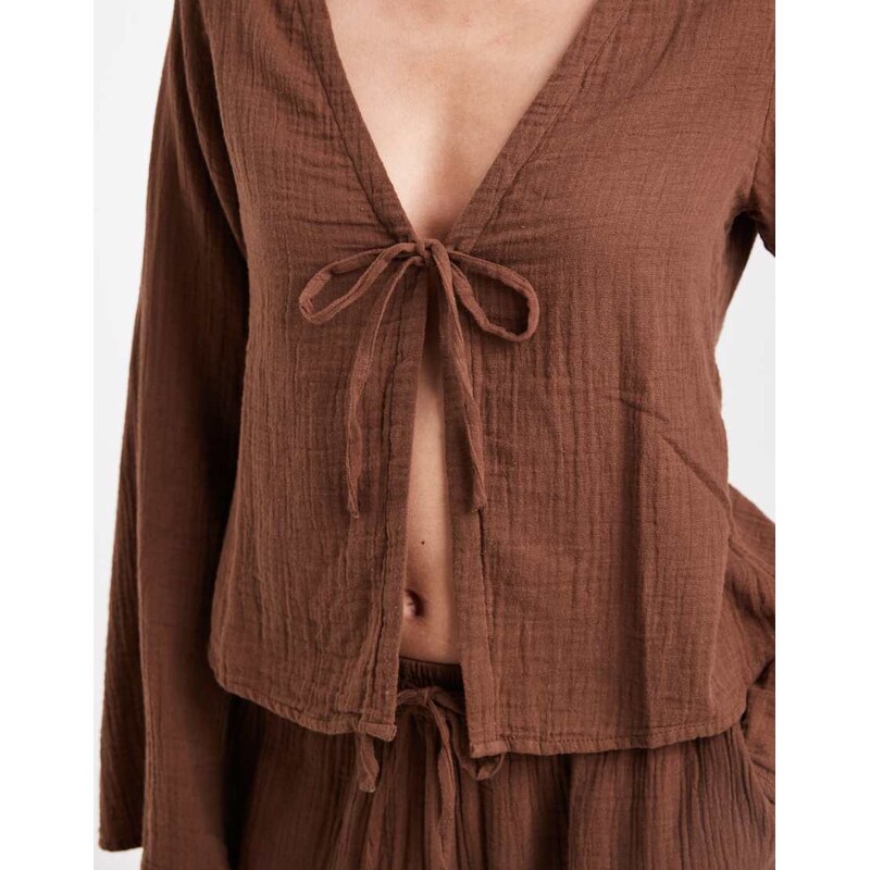 ONLY tie front long sleeve cheesecloth top co-ord in brown
