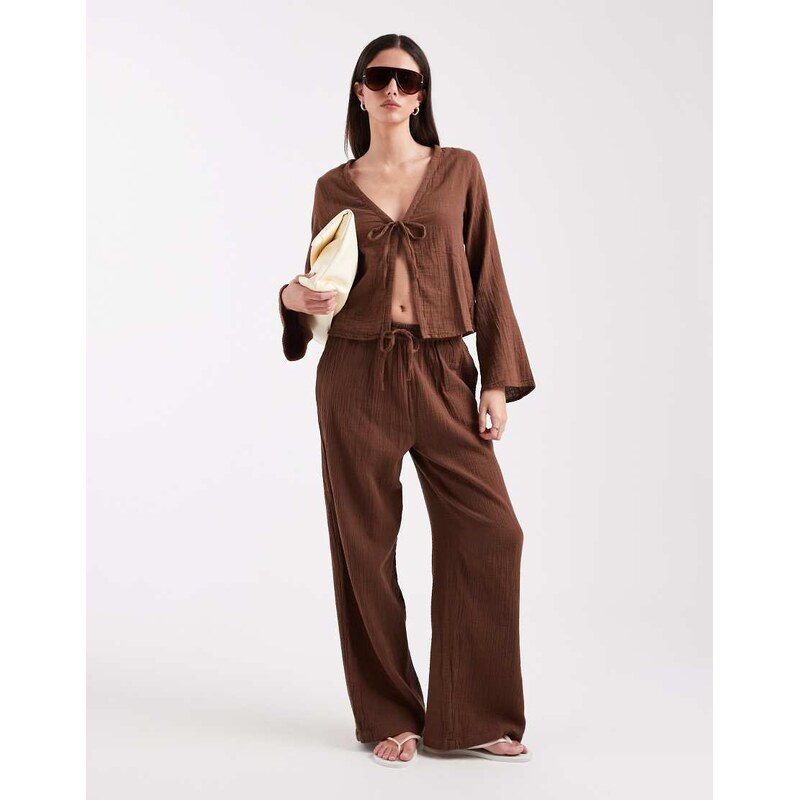 ONLY tie front long sleeve cheesecloth top co-ord in brown