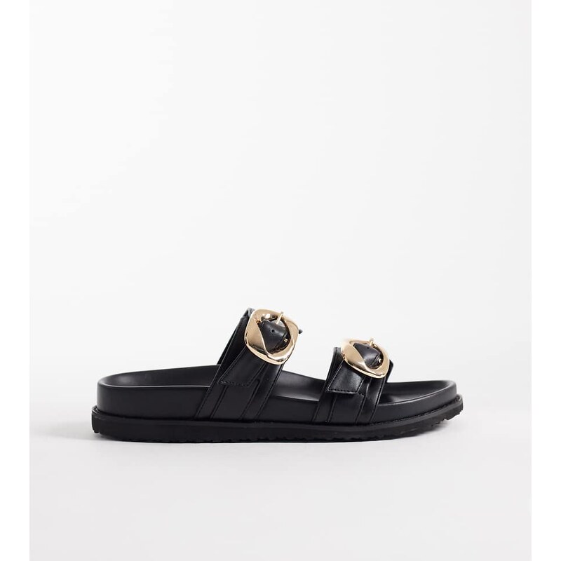 Public Desire Wide Fit Emery double buckle flat sandals in black
