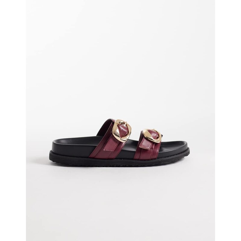 Public Desire Emery double buckle flat sandals in burgundy-Red