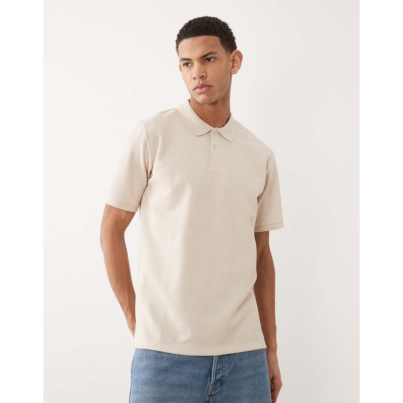 Jack & Jones waffle polo in cream-White