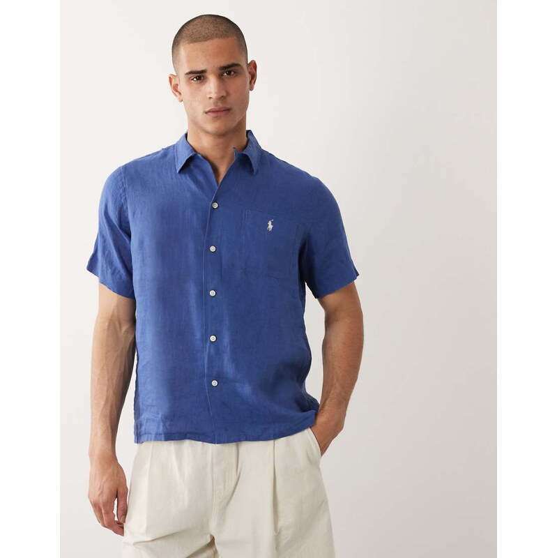 Polo Ralph Lauren icon logo short sleeve linen shirt in navy