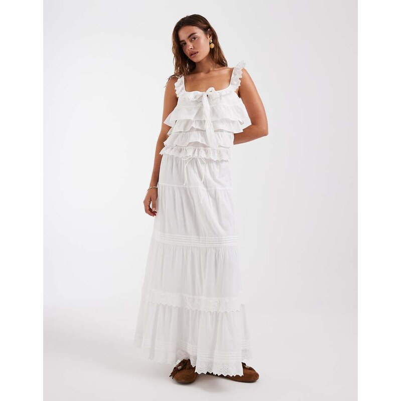 Vero Moda pleat and lace detail tiered boho maxi skirt co-ord in white