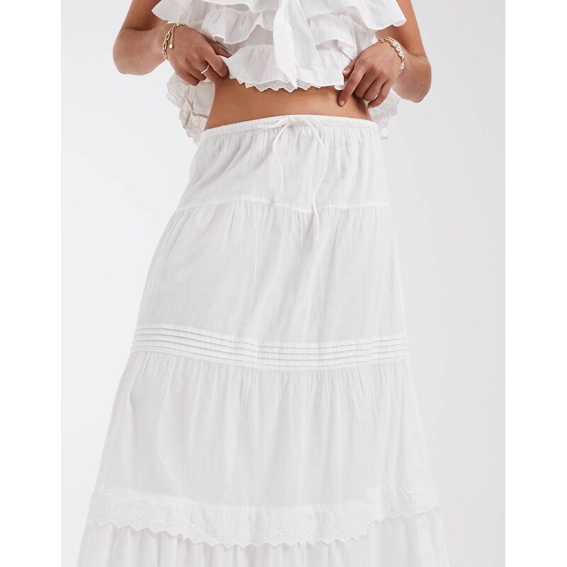 Vero Moda pleat and lace detail tiered boho maxi skirt co-ord in white