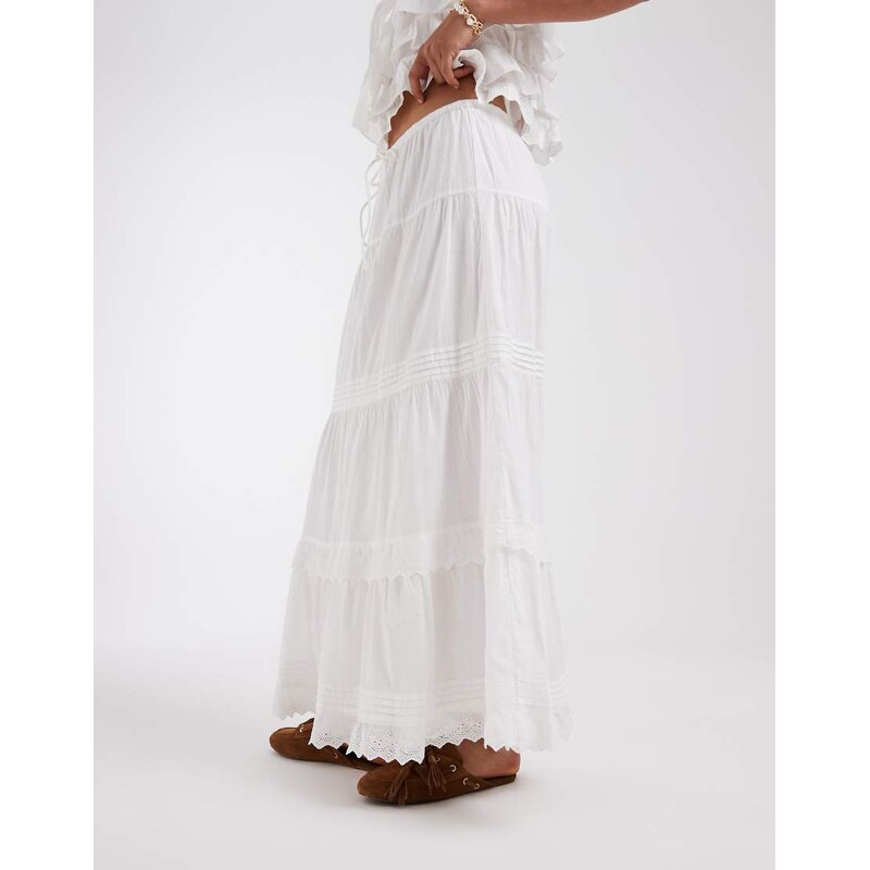 Vero Moda pleat and lace detail tiered boho maxi skirt co-ord in white