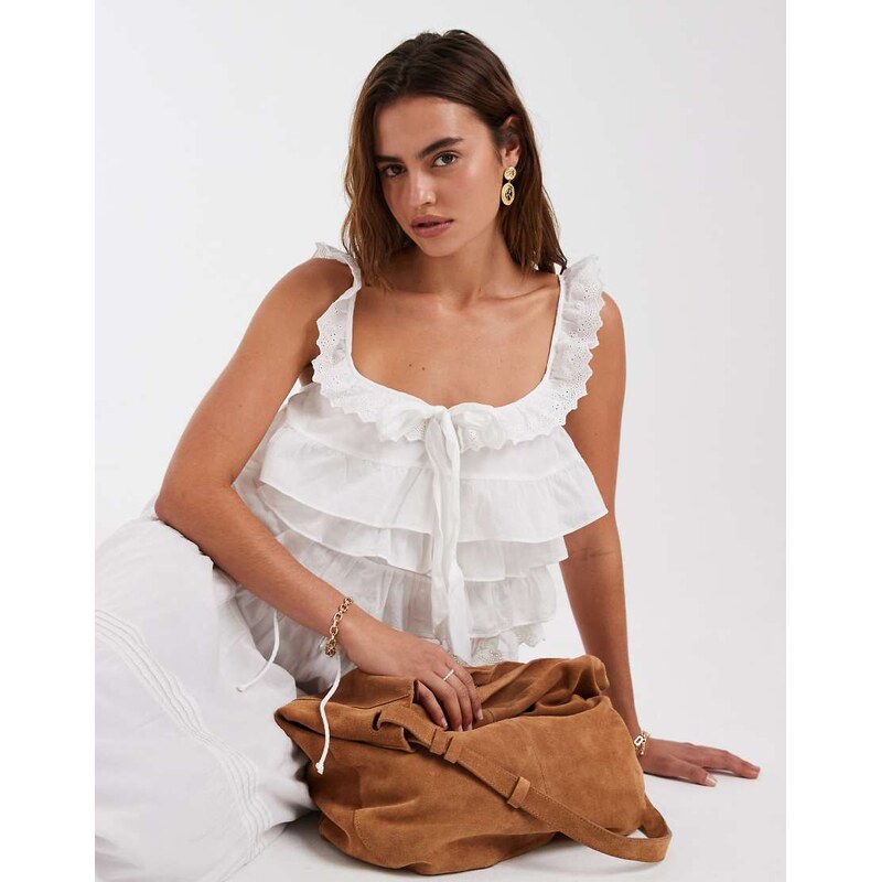 Vero Moda ruffle and lace detail tiered boho cami top co-ord in white 114927832