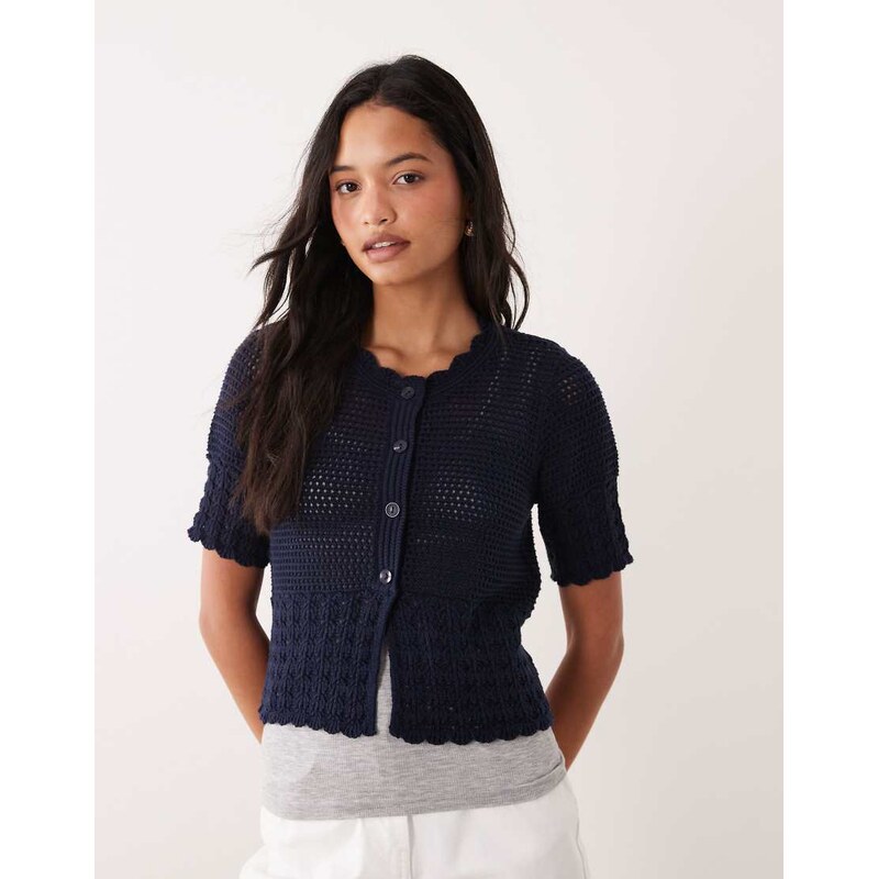 JDY open knit short sleeve cardigan in navy 114927841